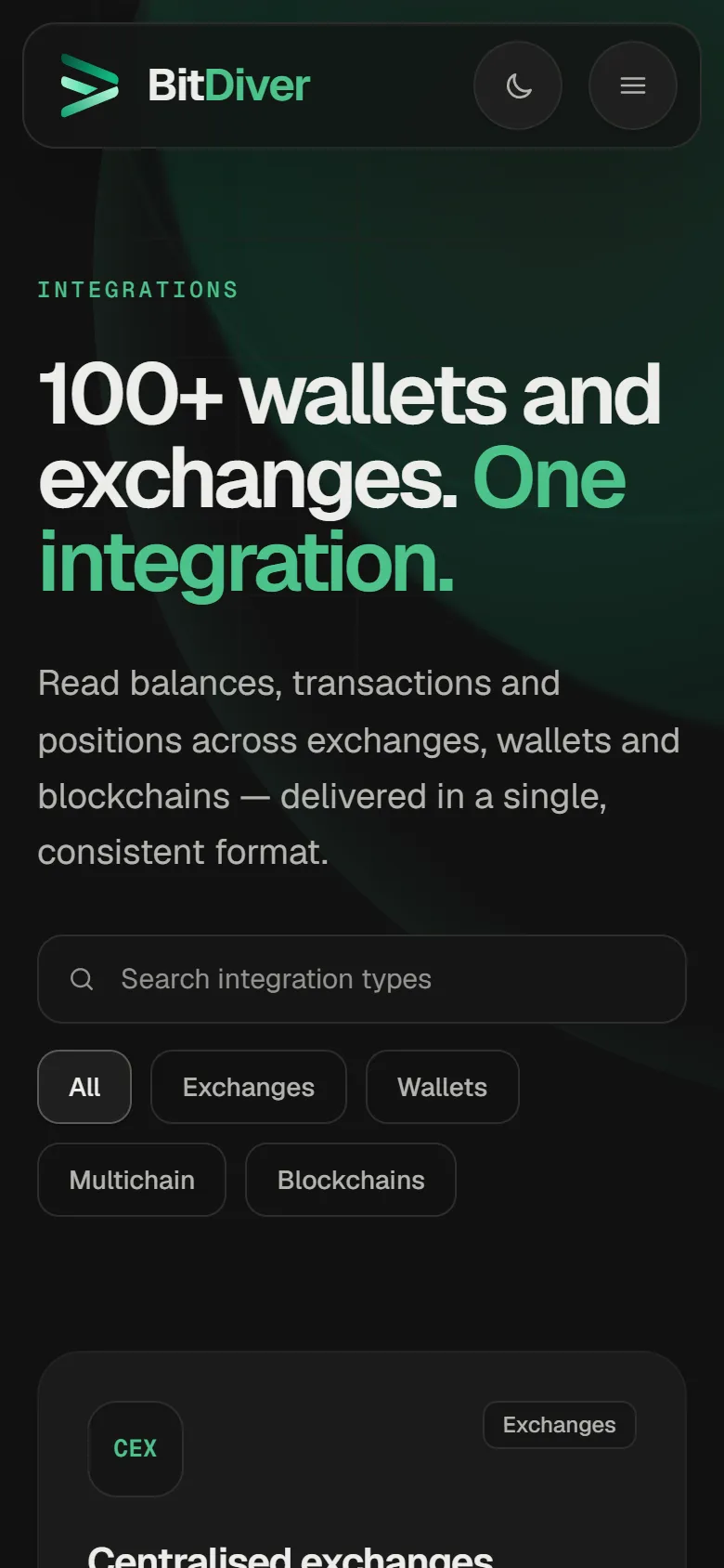 BitDiver concept, integrations, mobile view