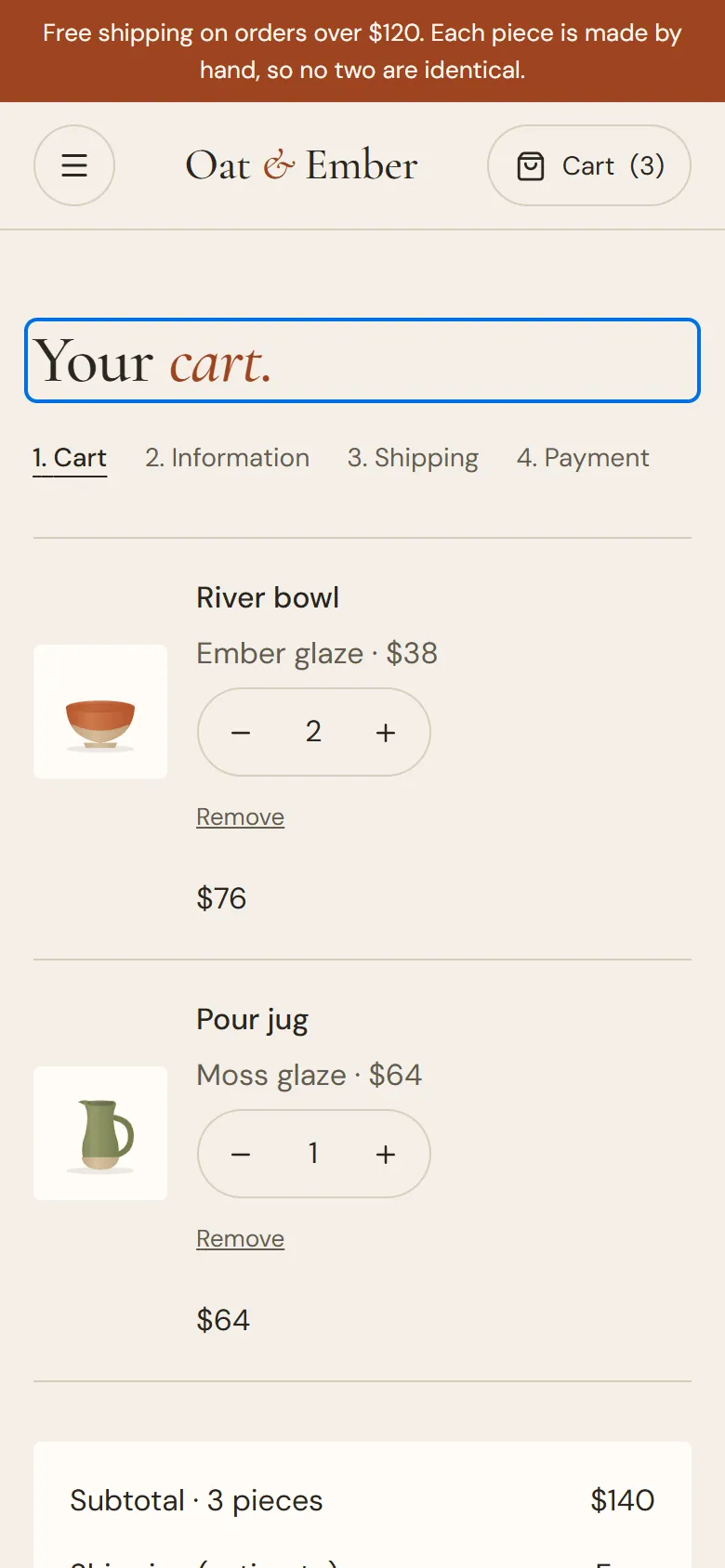 Oat & Ember concept, cart and checkout, mobile view