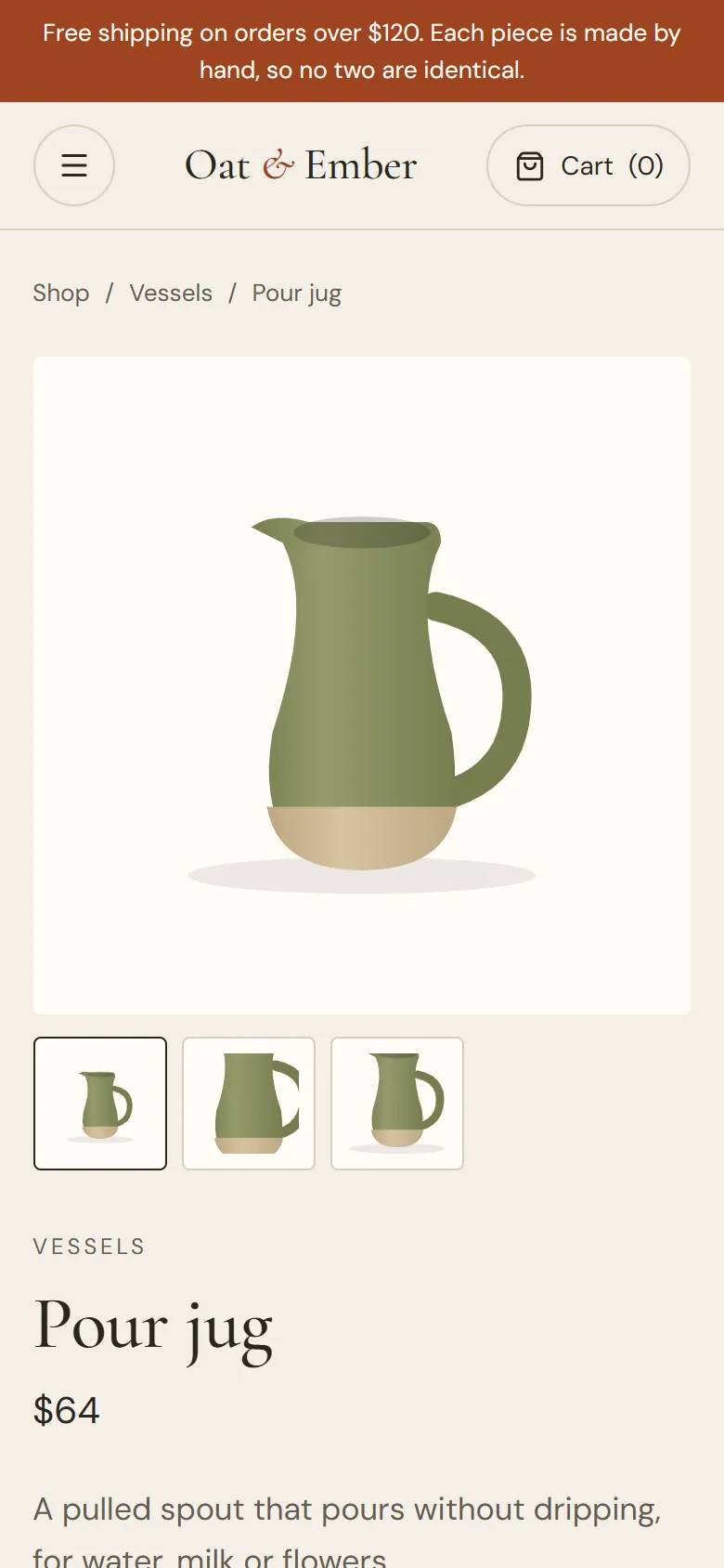 Oat & Ember concept, product detail, mobile view