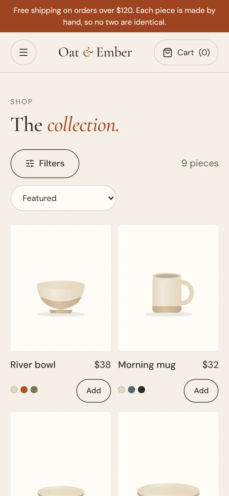Oat & Ember concept, collection, mobile view