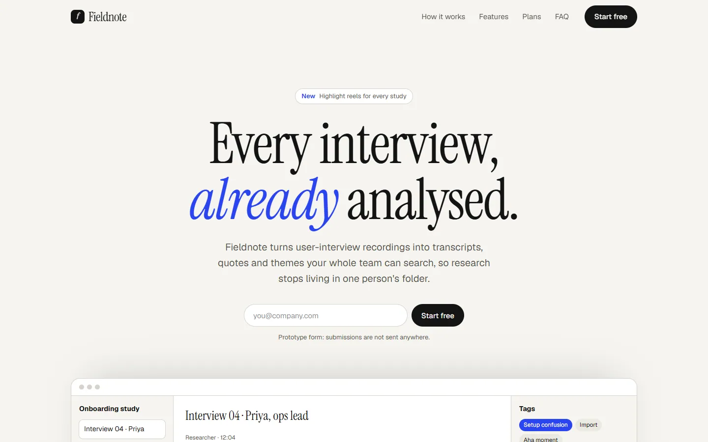 Fieldnote concept, landing page