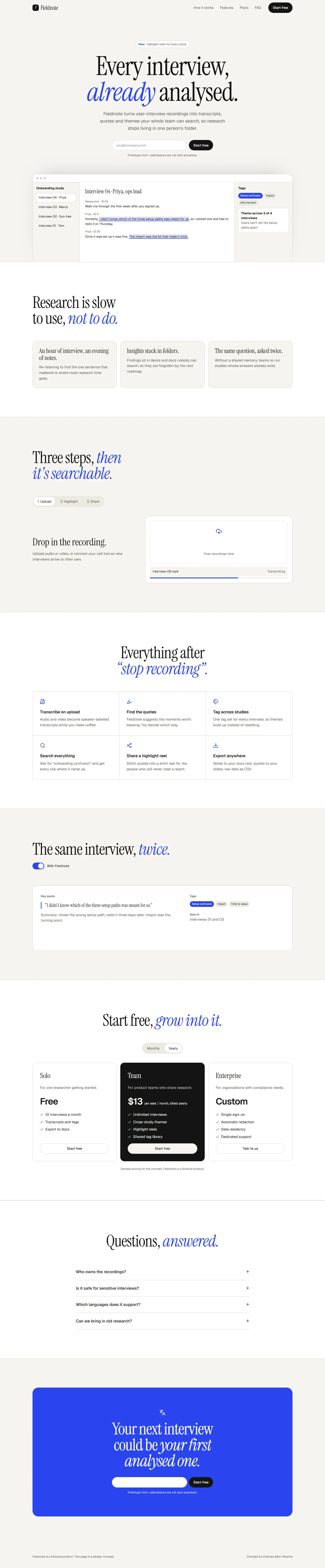 Fieldnote concept, landing page, full page on desktop